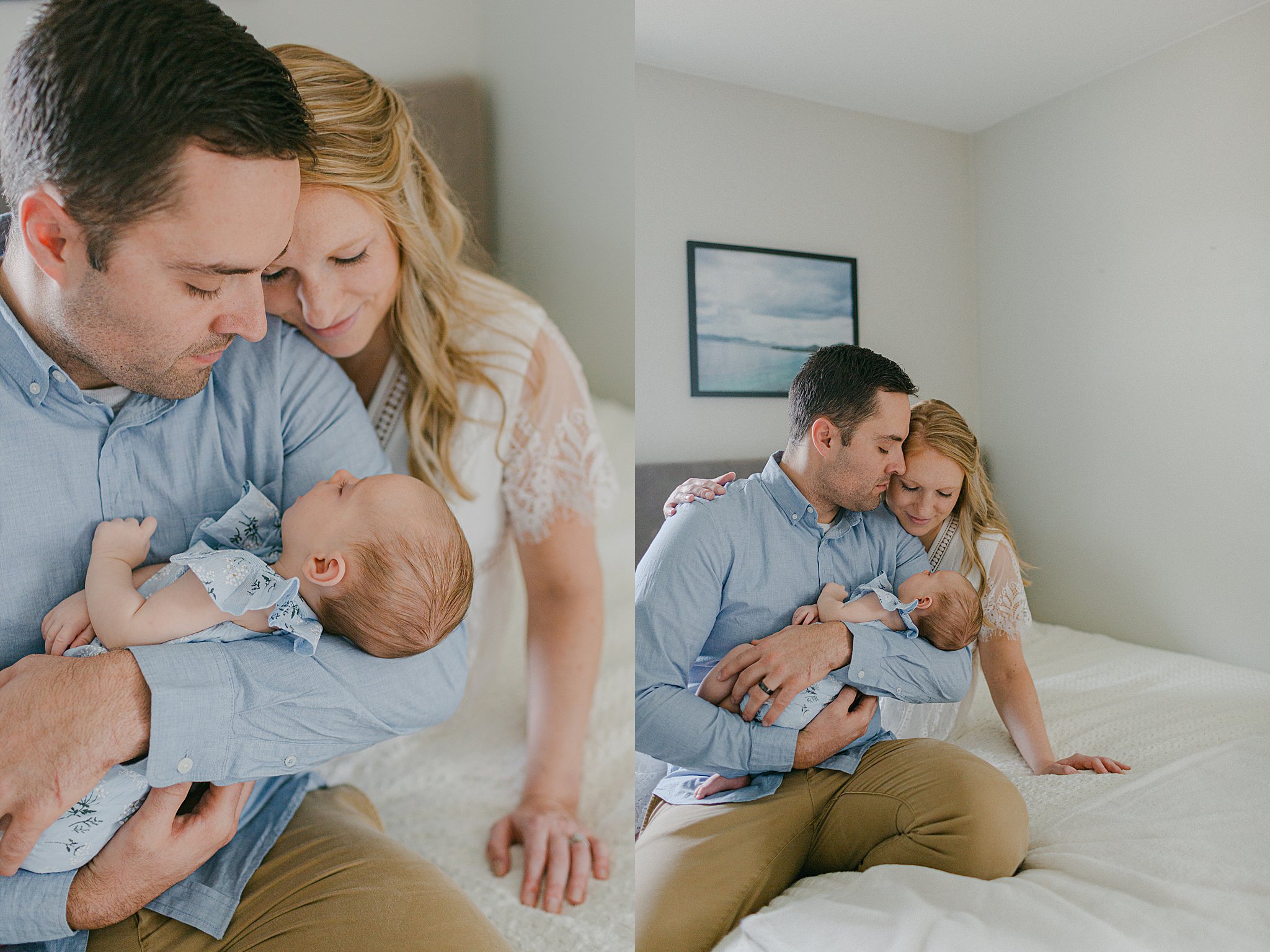 Mom, Dad, and baby in white and blue outfits at a Newborn Session in Green Bay